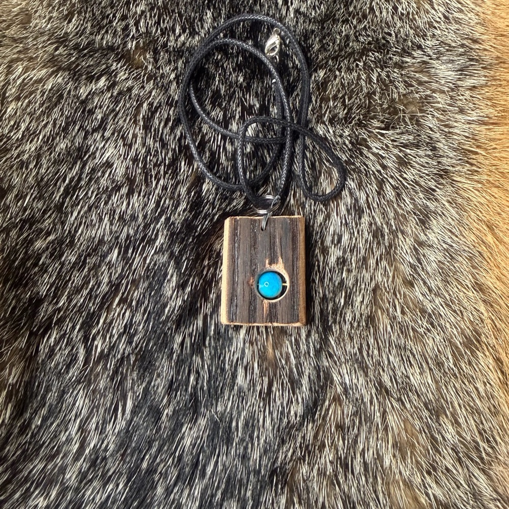 Wooden Pendant Necklace with Blue Accent
